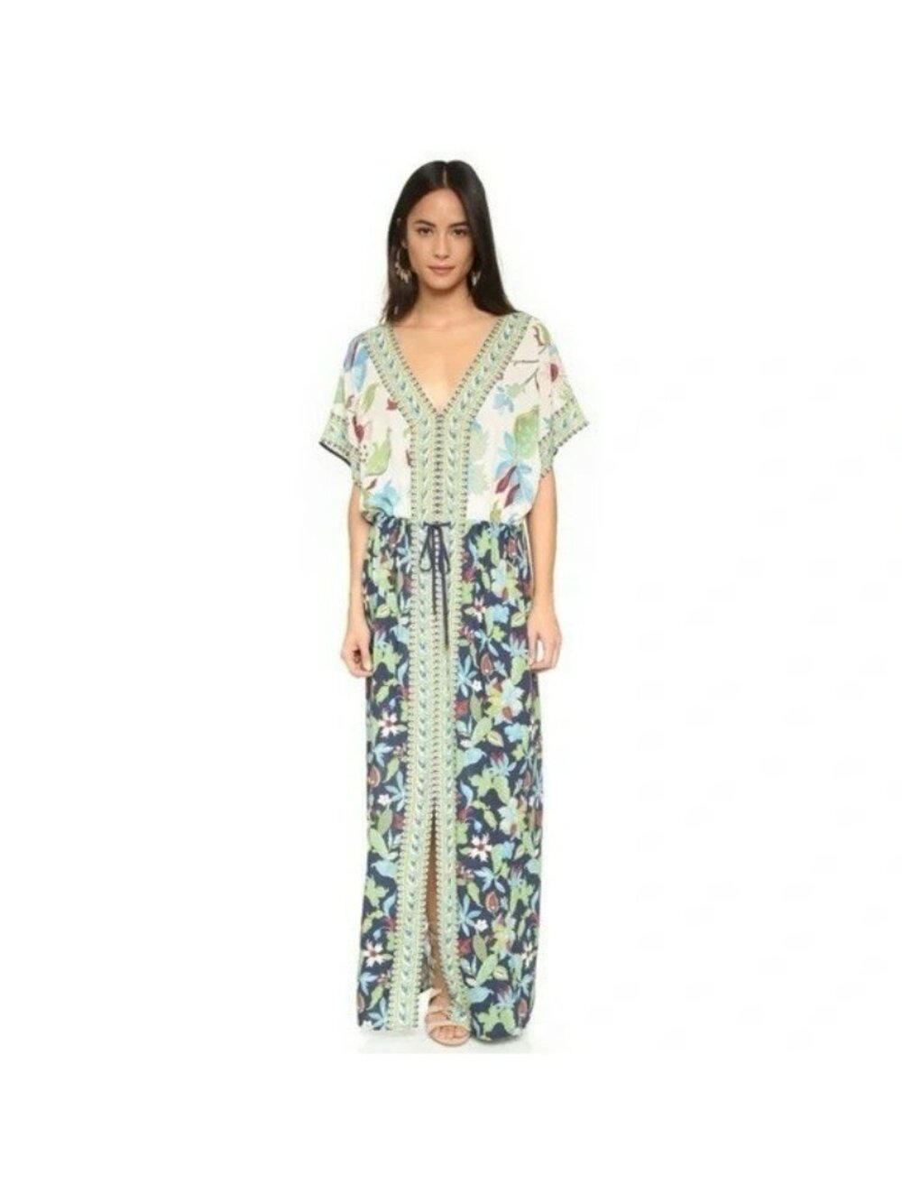 $450 TORY BURCH Long Caftan In New Ivory Wisteria Floral Maxi Dress Size M/L